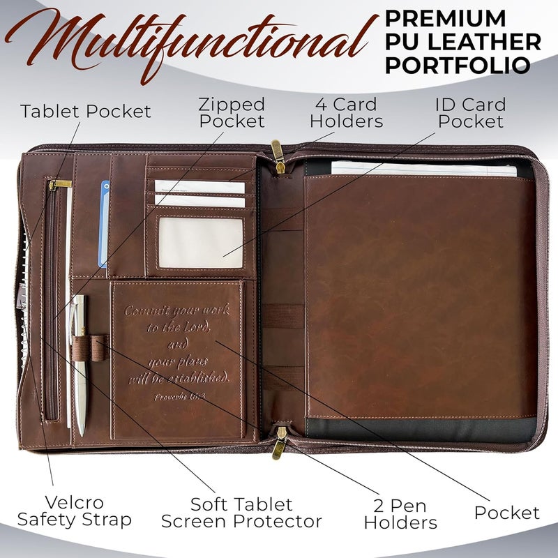 DEHITE Leather Portfolio for Men and Women - Christian Religious Gifts - Padfolio with Laptop Pocket - Letter Size Organizer for Bible Notebook Notepad - Brown Full Grain Zipper Binder - Image 3
